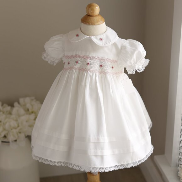 White Smocked Dress 9 Months Hand Embroidery Flower Girl Spring Portrait RARE - Picture 5 of 8
